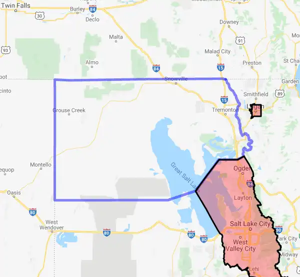 County level USDA loan eligibility boundaries for Box Elder, Utah
