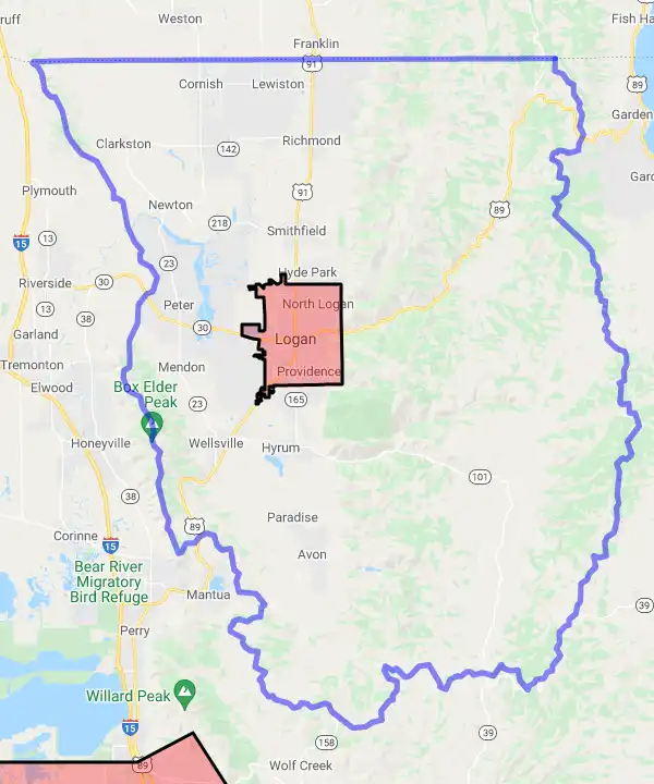 County level USDA loan eligibility boundaries for Cache, Utah