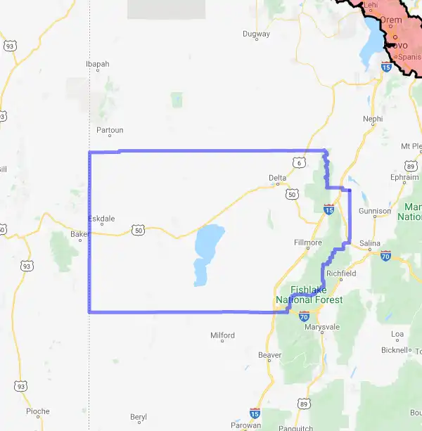 County level USDA loan eligibility boundaries for Millard, Utah