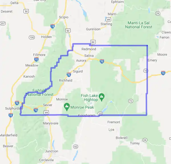 County level USDA loan eligibility boundaries for Sevier, Utah