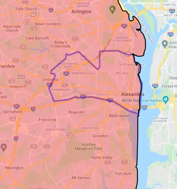 County or Independent City level USDA loan eligibility boundaries for Alexandria, Virginia