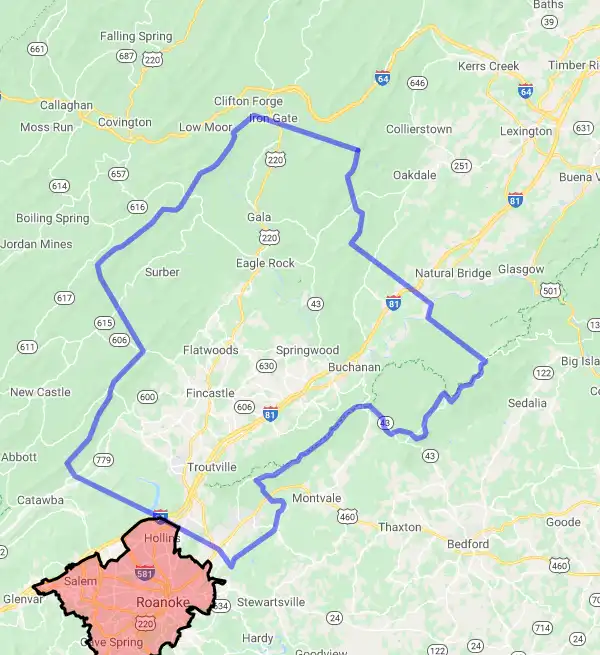 County or Independent City level USDA loan eligibility boundaries for Botetourt, Virginia