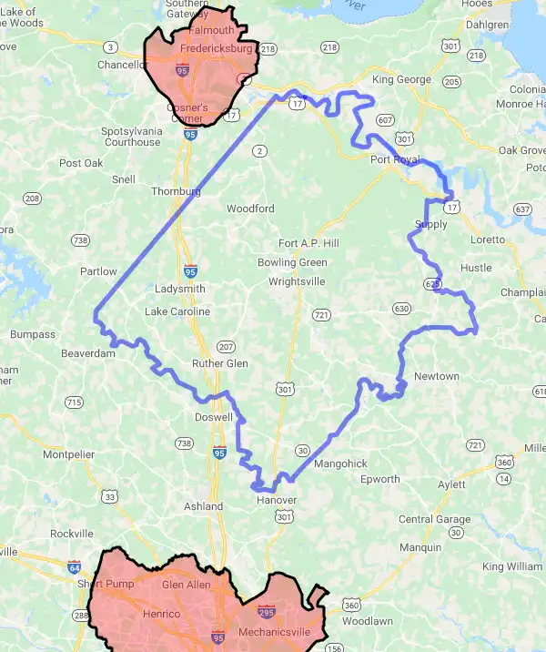 County or Independent City level USDA loan eligibility boundaries for Caroline, Virginia