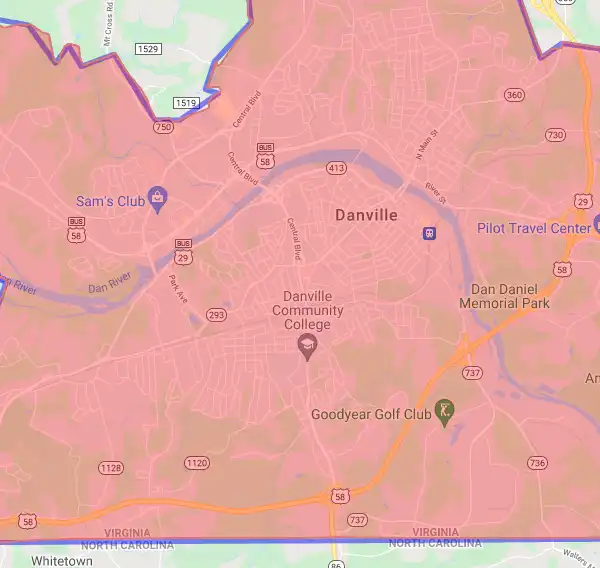 County or Independent City level USDA loan eligibility boundaries for Danville, Virginia