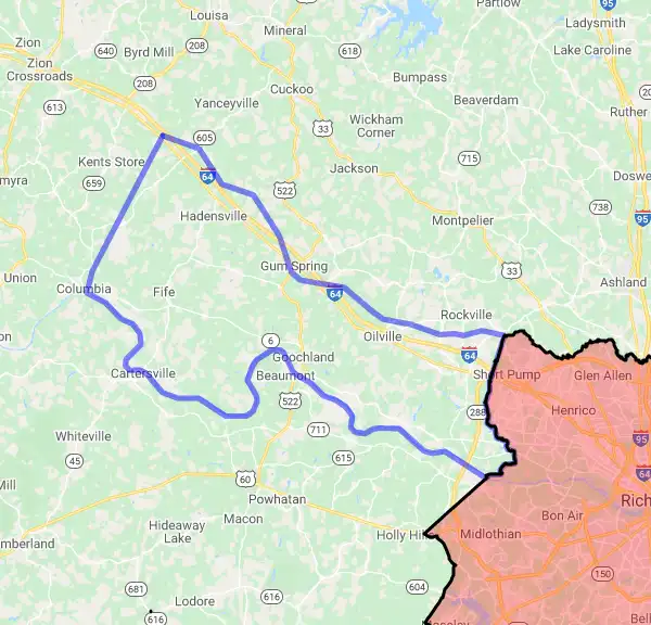 County or Independent City level USDA loan eligibility boundaries for Goochland, Virginia