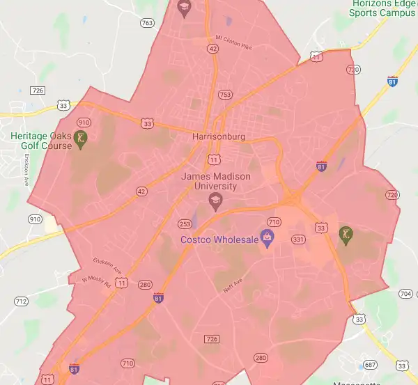 County or Independent City level USDA loan eligibility boundaries for Harrisonburg, Virginia