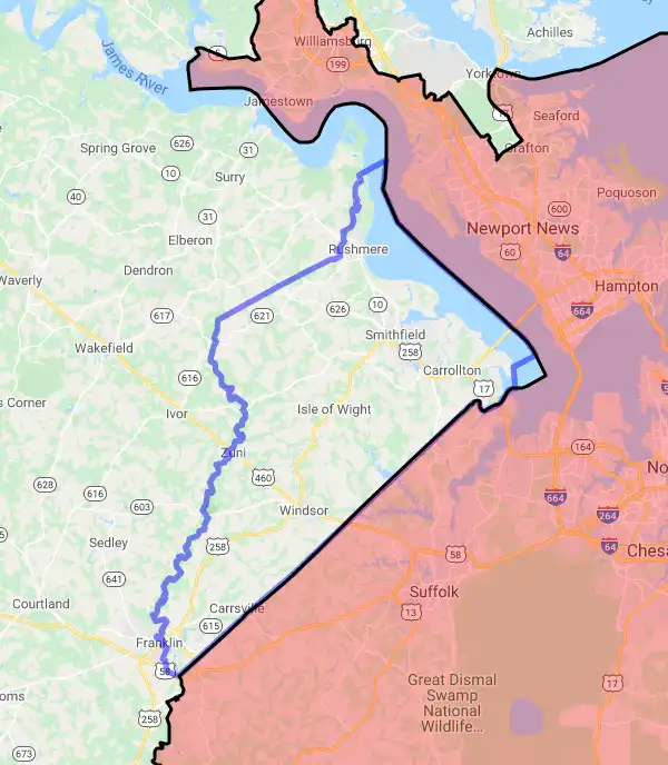 County or Independent City level USDA loan eligibility boundaries for Isle of Wight, Virginia