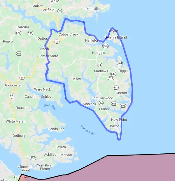 County or Independent City level USDA loan eligibility boundaries for Mathews, Virginia