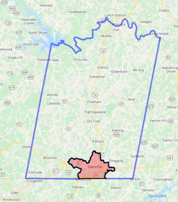 County or Independent City level USDA loan eligibility boundaries for Pittsylvania, Virginia