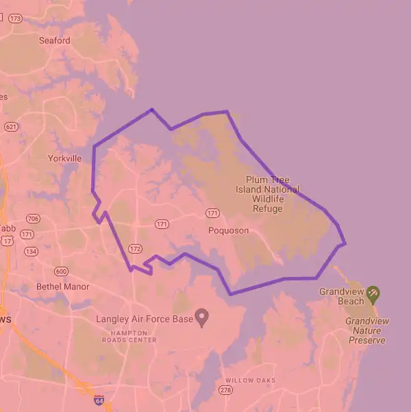 County or Independent City level USDA loan eligibility boundaries for Poquoson, Virginia