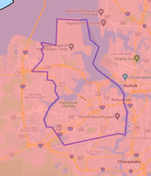 County or Independent City level USDA loan eligibility boundaries for Portsmouth, Virginia