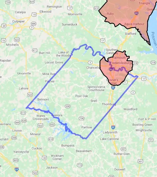 County or Independent City level USDA loan eligibility boundaries for Spotsylvania, Virginia