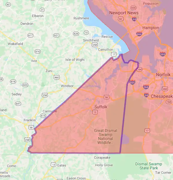 County or Independent City level USDA loan eligibility boundaries for Suffolk, Virginia
