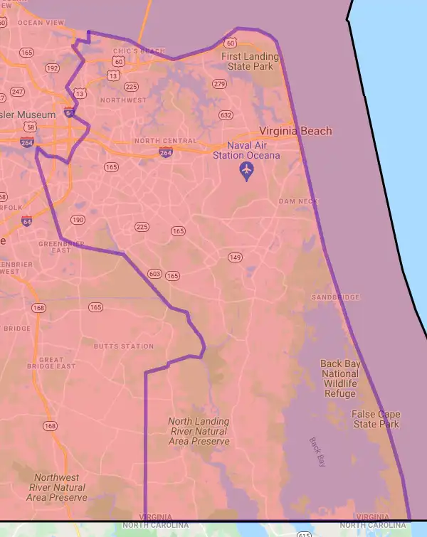 County or Independent City level USDA loan eligibility boundaries for Virginia Beach, Virginia