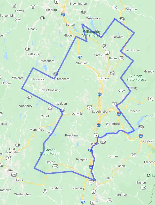 County level USDA loan eligibility boundaries for Caledonia, Vermont