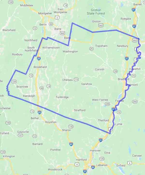 County level USDA loan eligibility boundaries for Orange, Vermont