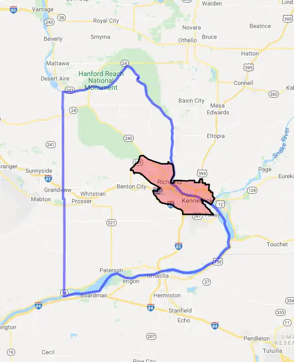 County level USDA loan eligibility boundaries for Benton, Washington