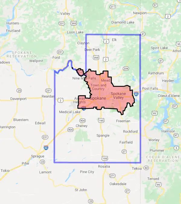 County level USDA loan eligibility boundaries for Spokane, Washington