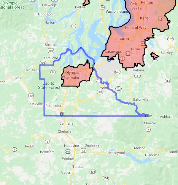 County level USDA loan eligibility boundaries for Thurston, Washington