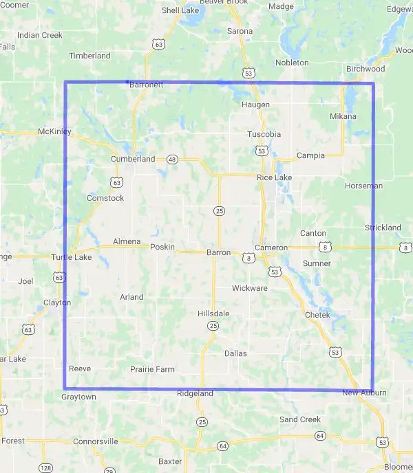 County level USDA loan eligibility boundaries for Barron, Wisconsin