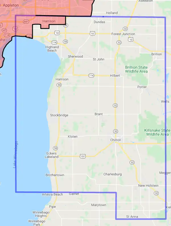 County level USDA loan eligibility boundaries for Calumet, Wisconsin
