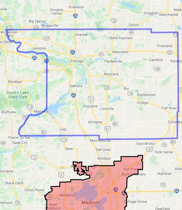 County level USDA loan eligibility boundaries for Columbia, Wisconsin