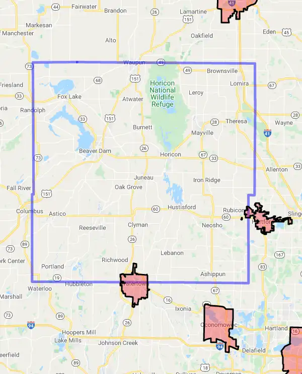 County level USDA loan eligibility boundaries for Dodge, Wisconsin