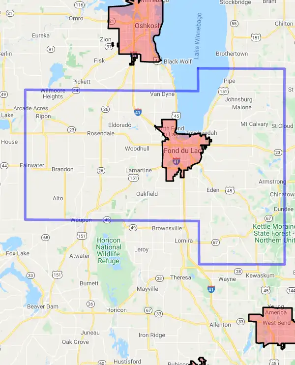 County level USDA loan eligibility boundaries for Fond du Lac, Wisconsin