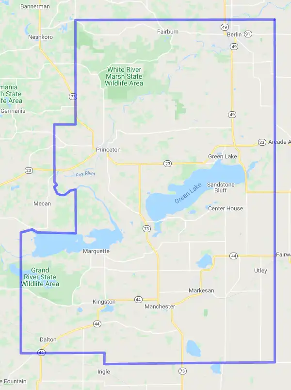 County level USDA loan eligibility boundaries for Green Lake, Wisconsin