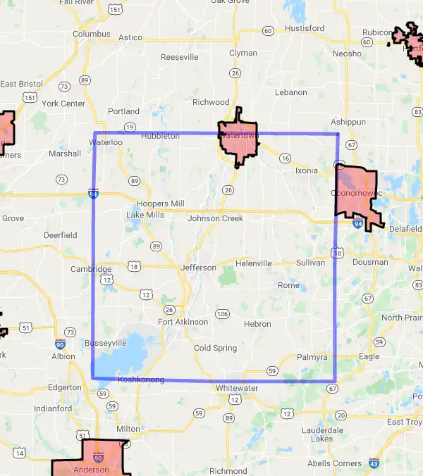 County level USDA loan eligibility boundaries for Jefferson, Wisconsin