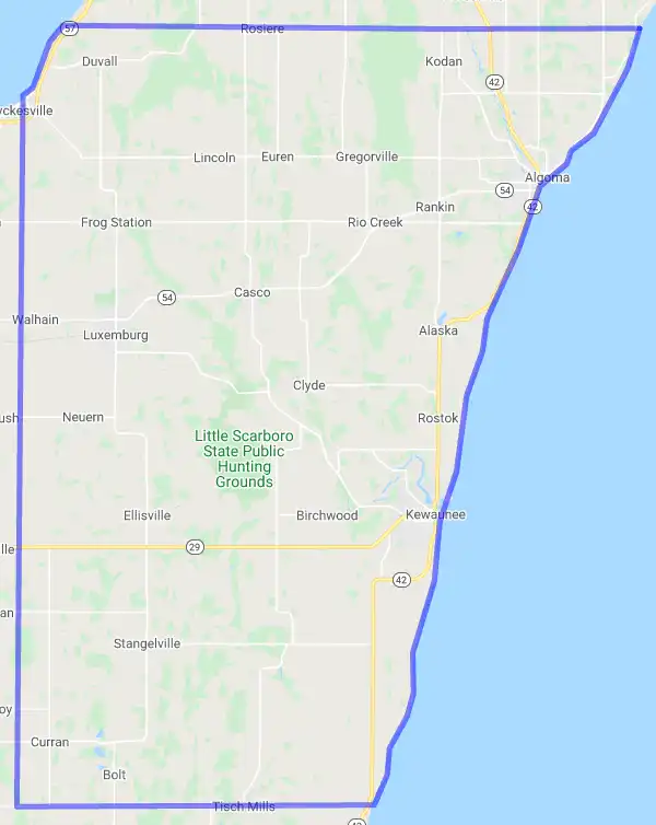 County level USDA loan eligibility boundaries for Kewaunee, Wisconsin