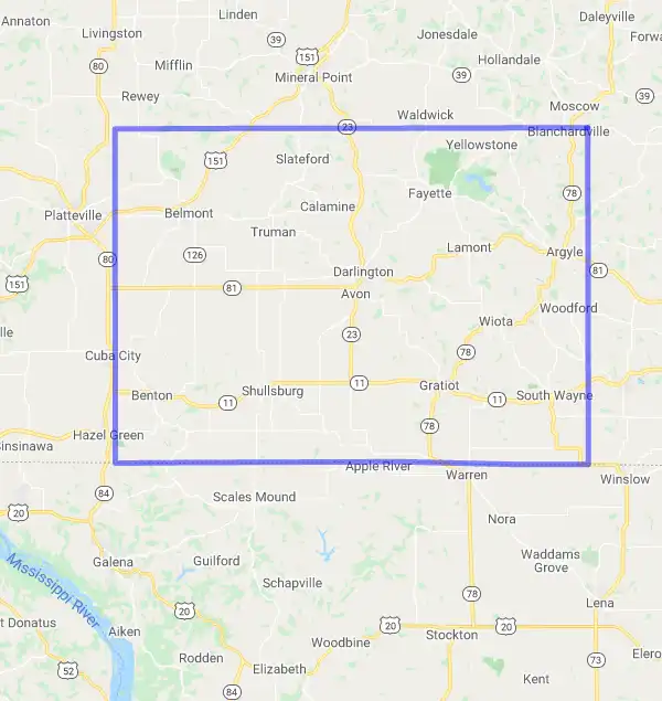 County level USDA loan eligibility boundaries for Lafayette, Wisconsin