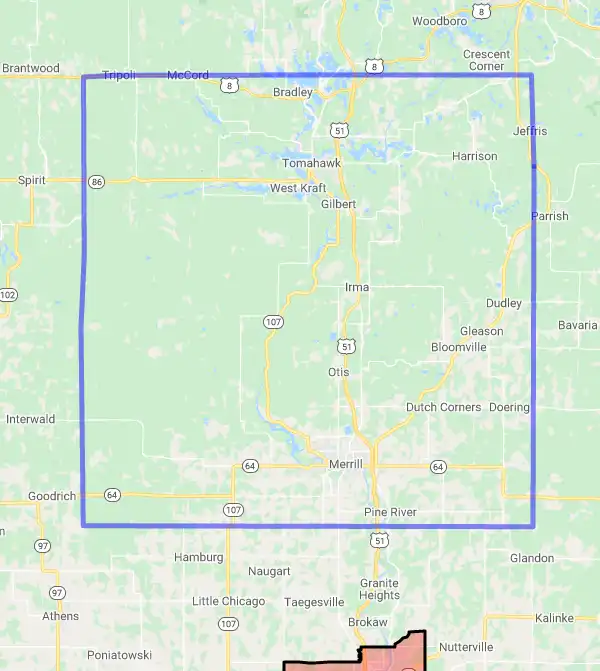 County level USDA loan eligibility boundaries for Lincoln, Wisconsin