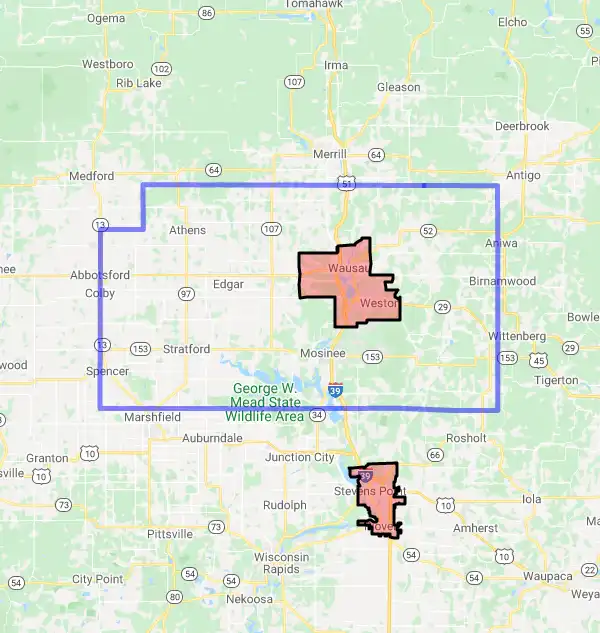 County level USDA loan eligibility boundaries for Marathon, Wisconsin