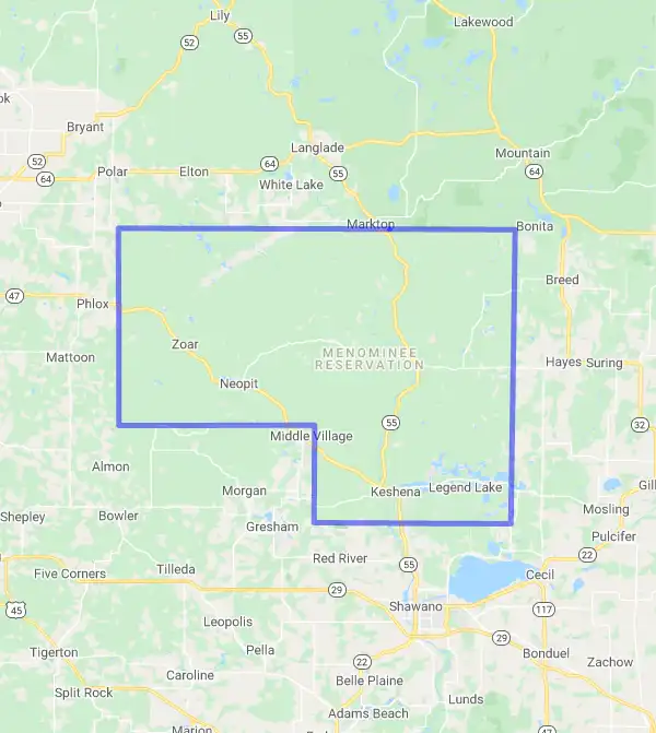 County level USDA loan eligibility boundaries for Menominee, Wisconsin