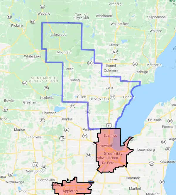 County level USDA loan eligibility boundaries for Oconto, Wisconsin