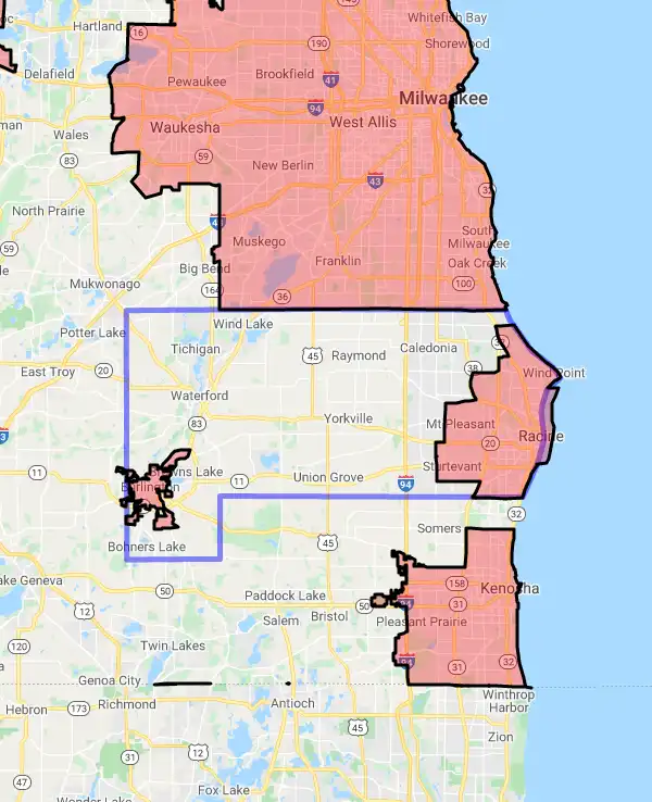 County level USDA loan eligibility boundaries for Racine, Wisconsin