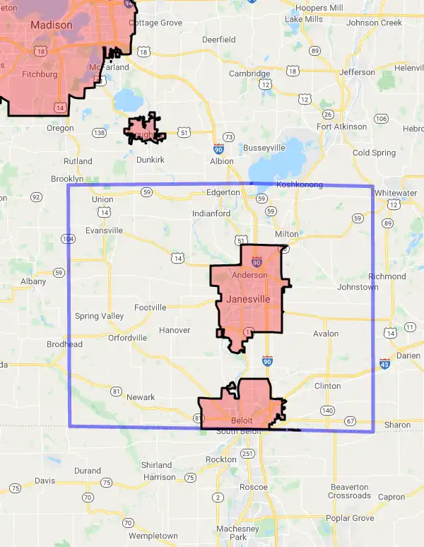 County level USDA loan eligibility boundaries for Rock, Wisconsin