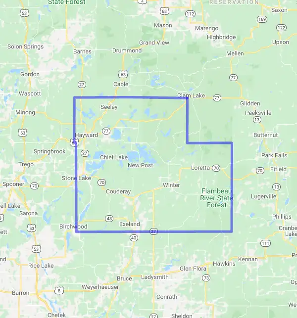 County level USDA loan eligibility boundaries for Sawyer, Wisconsin