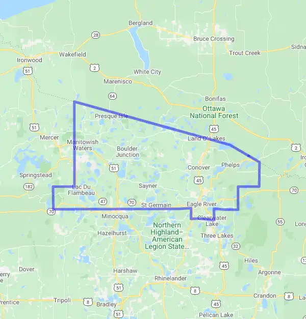 County level USDA loan eligibility boundaries for Vilas, Wisconsin