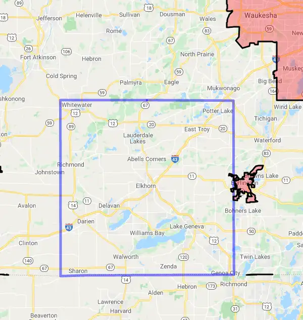 County level USDA loan eligibility boundaries for Walworth, Wisconsin