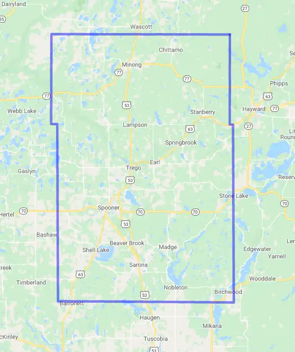 County level USDA loan eligibility boundaries for Washburn, Wisconsin