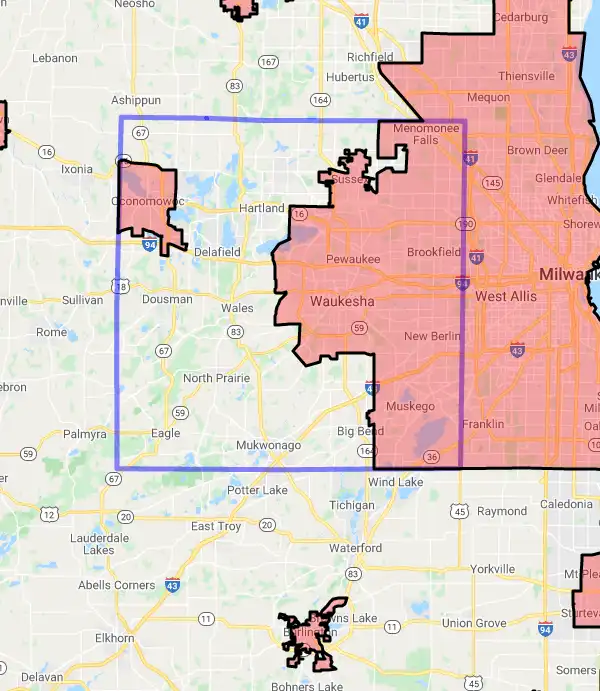County level USDA loan eligibility boundaries for Waukesha, Wisconsin