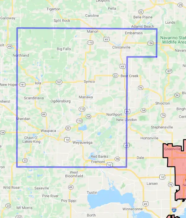 County level USDA loan eligibility boundaries for Waupaca, Wisconsin
