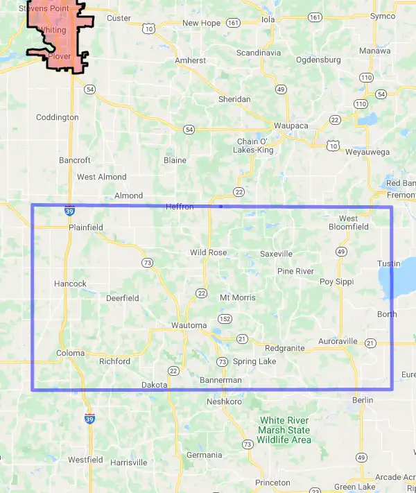 County level USDA loan eligibility boundaries for Waushara, Wisconsin