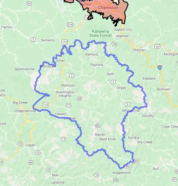 County level USDA loan eligibility boundaries for Boone, West Virginia
