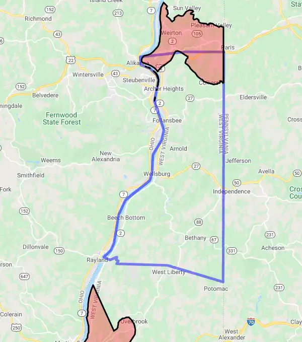 County level USDA loan eligibility boundaries for Brooke, West Virginia