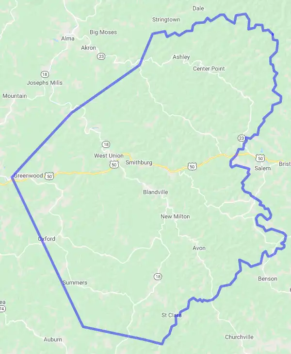 County level USDA loan eligibility boundaries for Doddridge, West Virginia