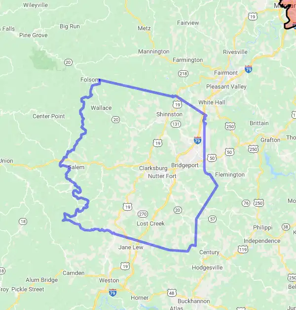 County level USDA loan eligibility boundaries for Harrison, West Virginia