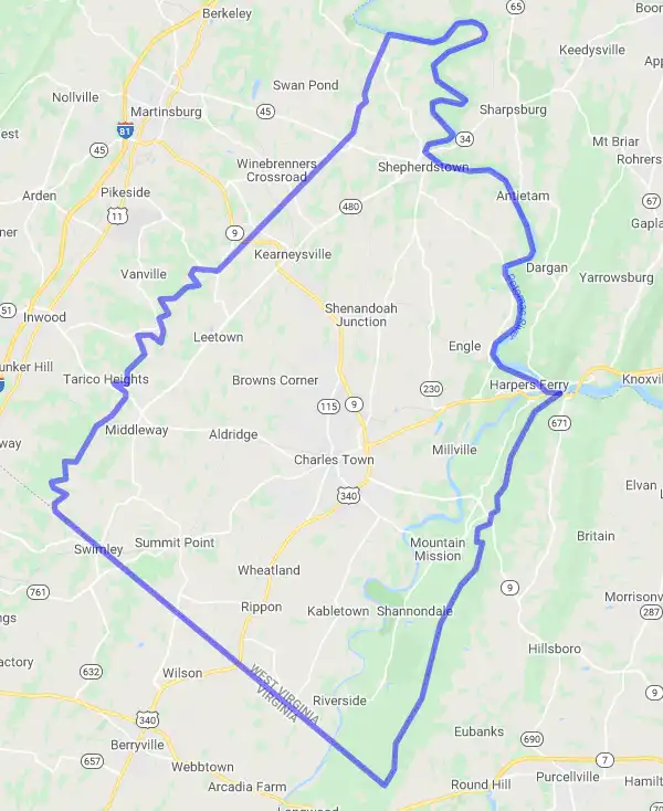 County level USDA loan eligibility boundaries for Jefferson, West Virginia